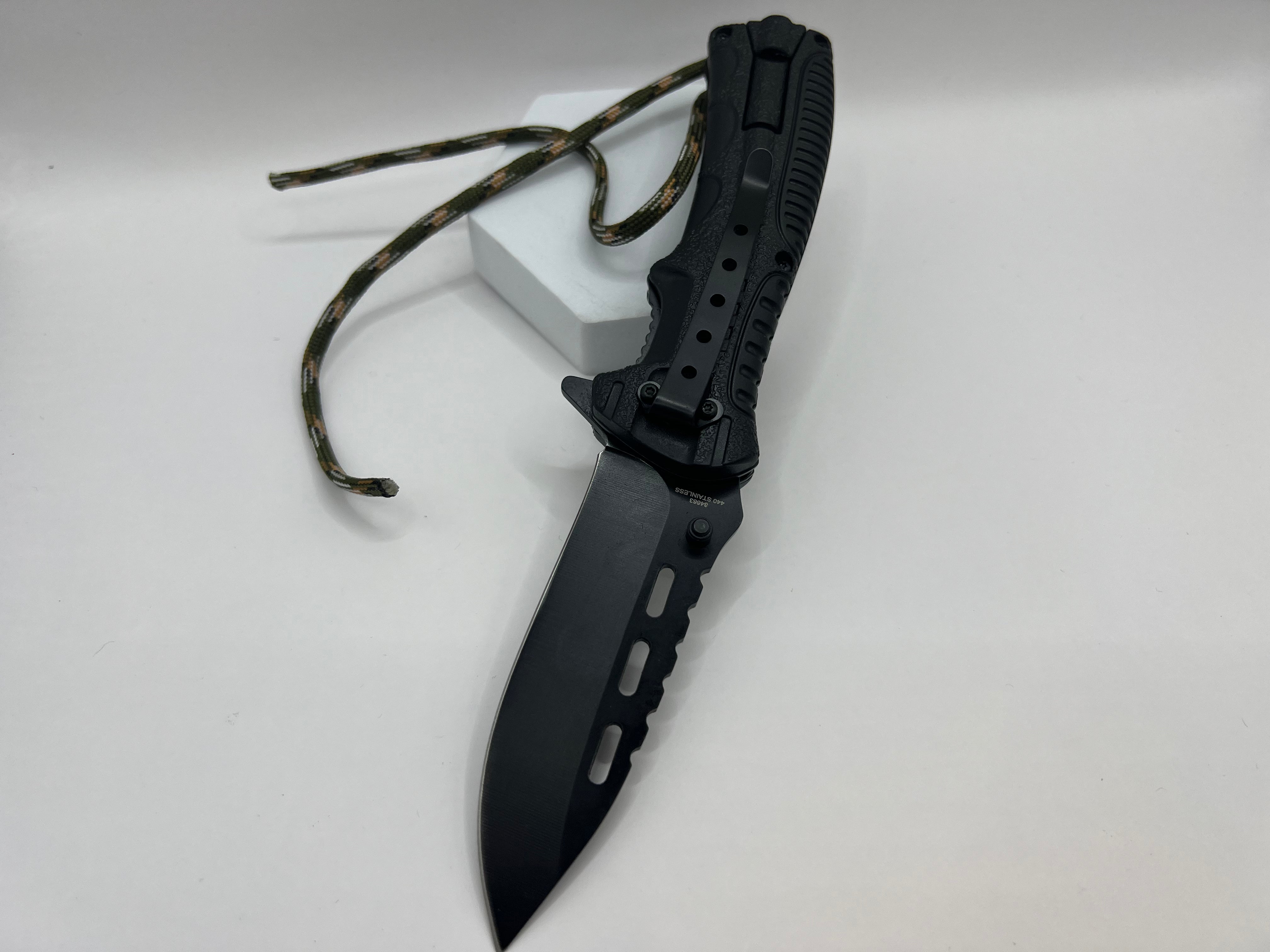 Tactical camo one-hand knife with fire starter and clip