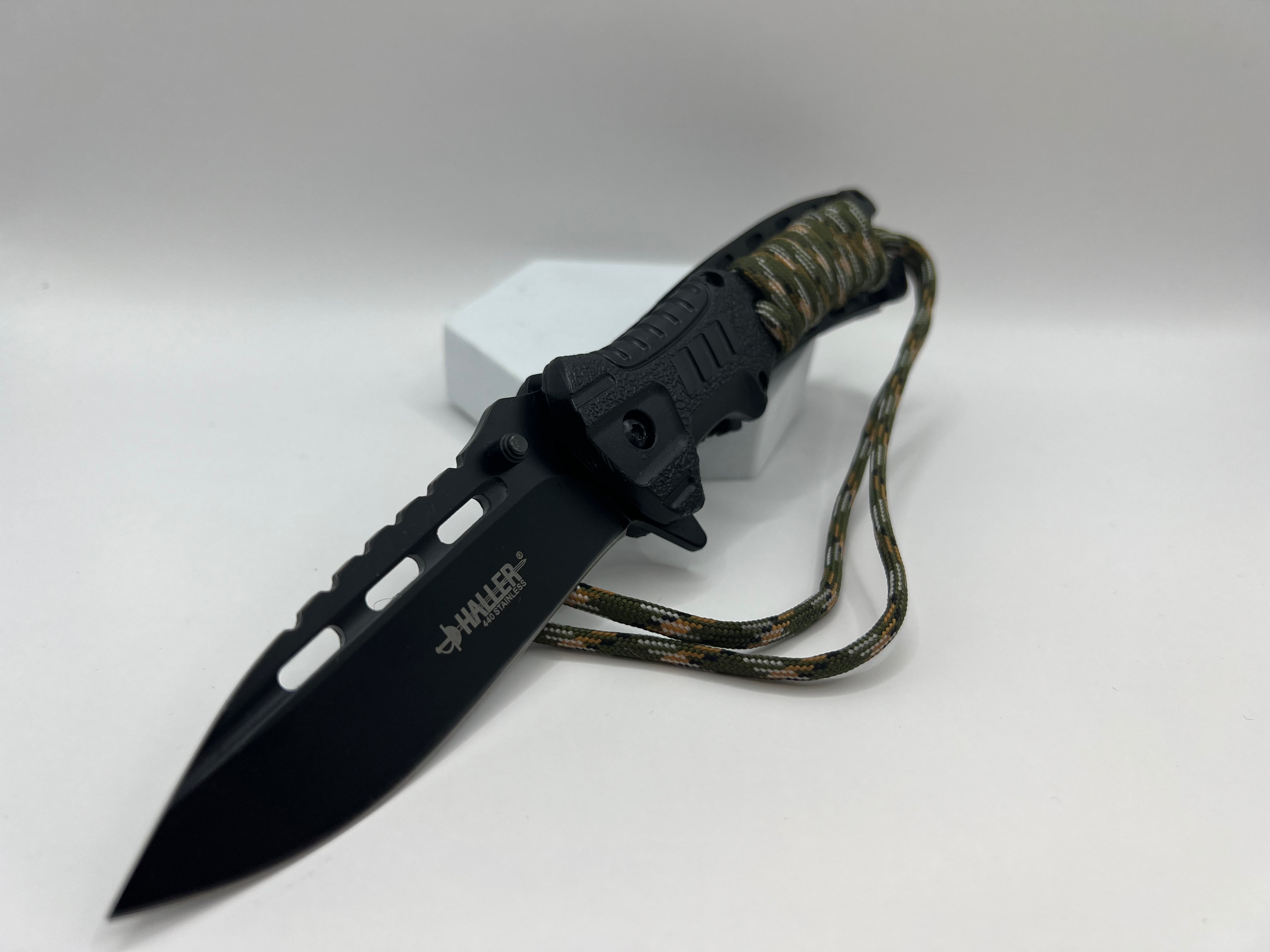 Tactical camo one-hand knife with fire starter and clip