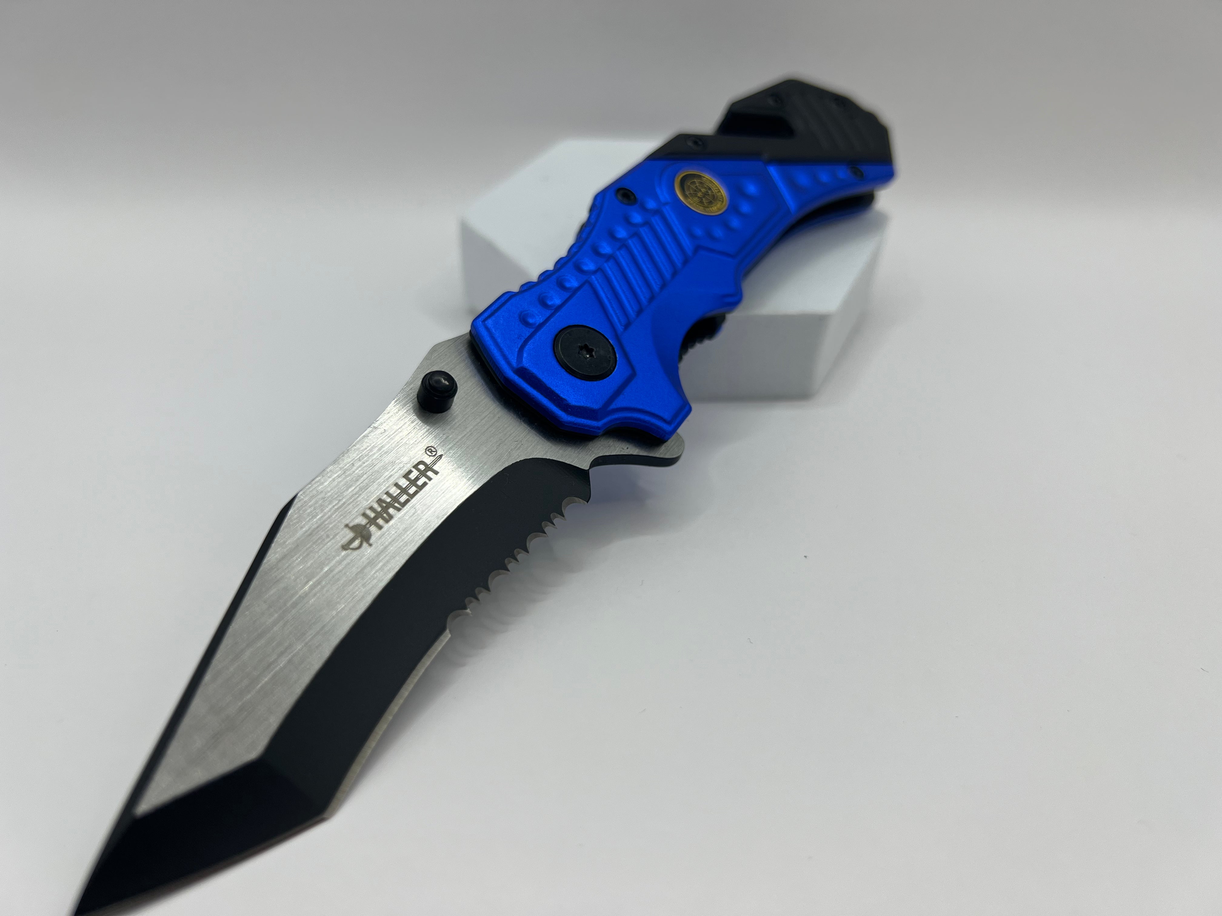 Haller Rescue Pocket Knife Blue - Robust rescue knife with partially black blade